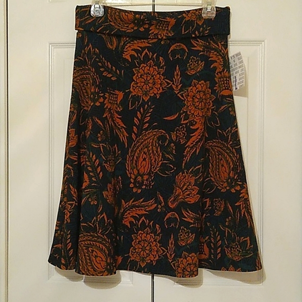 LuLaRoe Cassie Material Skirt Size L in Rust and Dark Green Career Stretch Comfy